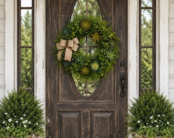 summer succulent wreath for front door, everyday evergreen wreath, natural wreath, front door decor, welcome wreath