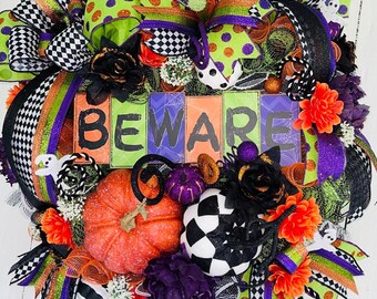 Halloween Mesh Wreath, 'Beware' Front Door Decor