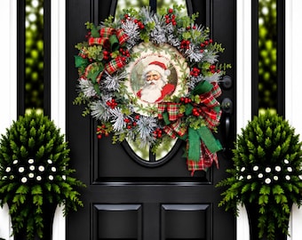 Vintage Santa Christmas Wreath, Flocked Evergreen, Holiday Decor