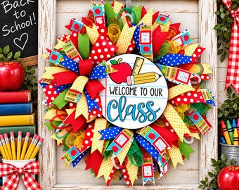 school wreath, apple teacher wreath, personalized teacher wreath, classroom door decor, apple welcome wreath, back to school wreath