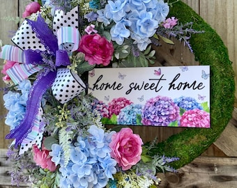Summer blue hydrangea wreath for front door, everyday floral wreath, moss wreath, designer wreath, welcome wreath, welcome wreath
