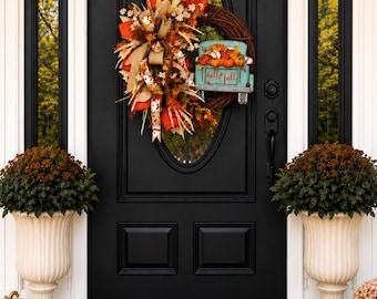 Fall pumpkin wreath for front door, fall decor, autumn decor, holiday decor, Thanksgiving decor, fall floral wreath, front door decor