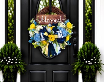 Floral Summer Wreath for Front Door, Spring Decor, 'Blessed' Sign