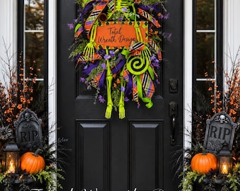 Halloween wreath for front door, Halloween decor, fall wreath, witch wreath, whimsical Halloween, front door decor