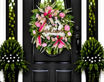 spring summer bunny Wreath for front door, Easter wreath, pink floral wreath, everyday wreath, front door decor