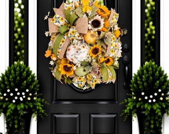 fall sunflower wreath for front door, handmade pumpkin wreath, fall decor, sunflower decor, autumn wreath, thanksgiving decor, fall wreath