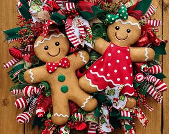 Christmas wreath for front door, Christmas decor, gingerbread wreath, gingerbread decor, holiday wreath, traditional wreath, designer wreath