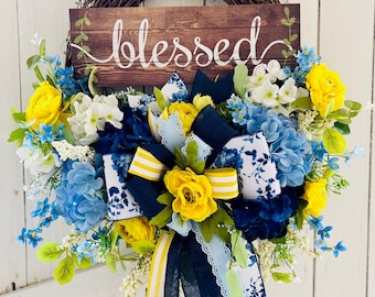 Floral Summer Wreath for Front Door, Spring Decor, 'Blessed' Sign