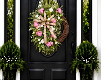 summer spring floral grapevine wreath for front door, everyday wreath, pink floral wreath, everyday wreath, front door decor, door wreath