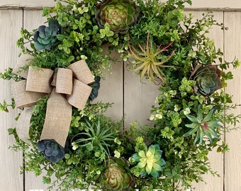 summer succulent wreath for front door, everyday evergreen wreath, natural wreath, front door decor, welcome wreath