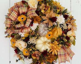Fall wreath for front door, fall decor, thanksgiving decor, holiday decor, holiday wreath, seasonal wreath, pumpkin wreath, festive wreath