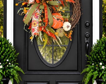 Fall pumpkin wreath for front door, harvest wreath, farmhouse fall, thanksgiving wreath, fall floral wreath, fall porch decor, rustic fall