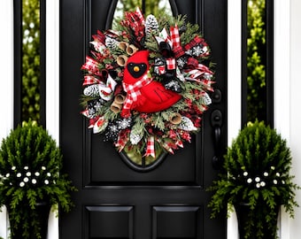 Winter cardinal wreath for front door, Redbird wreath, rustic wreath, farmhouse wreath, front door wreath, frosted wreath