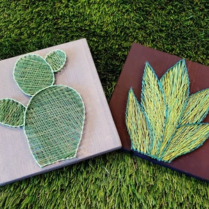 May include: Two square wooden wall art pieces with string art designs. One features a green cactus, the other a green and yellow succulent. The cactus is on a gray background, the succulent on a brown background.