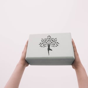 May include: A light green yoga block with a black silhouette of a person doing a yoga pose inside a tree with leaves.