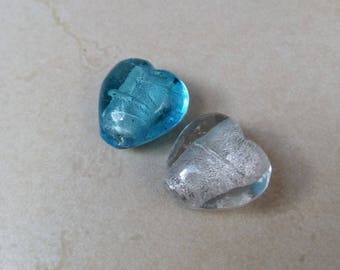 Set of 2 blue and white blown glass heart beads translucent