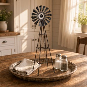 May include: A metal windmill sculpture with a dark, weathered finish, featuring a circular fan blade assembly atop a tall, four-legged tower structure with a small ladder detail, positioned on a round decorative tray with a folded linen napkin.