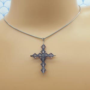 Vintage 925 Sterling Silver and Faceted Purple Crystal Glass Bead Cross Pendant Necklace