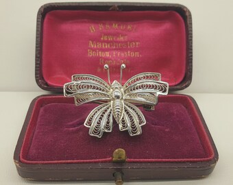 Vintage 925 Sterling Silver Filigree Butterfly Brooch