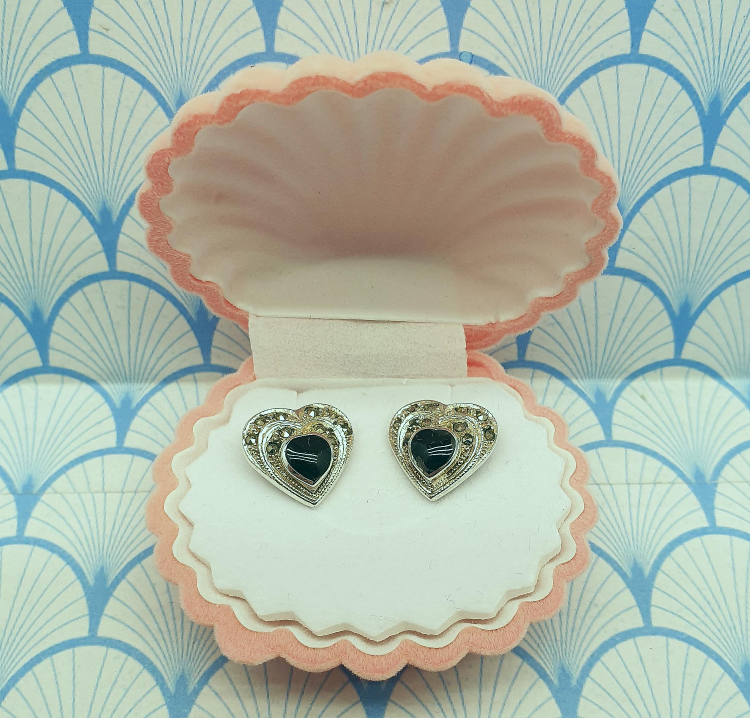 Vintage 925 Sterling Silver Black Onyx and Marcasite Heart Stud