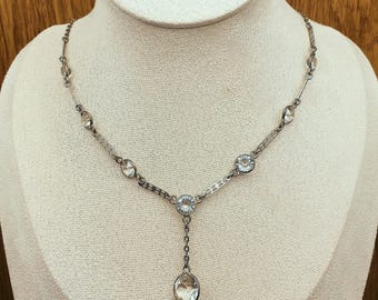 ヴィンテージ 925スターリングシルバーとファセットクリスタルパネルリンクチェーン Yドロップカラーネックレス