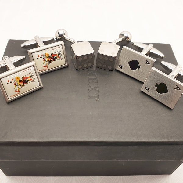 Mens Stainless Steel Gambling Dice and Playing Cards Novelty Cufflinks Set with Box