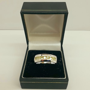 Vintage Rhodium Plated 925 Sterling Silver and Yellow Cubic Zirconia Gemstone Wide Band Ring with Box