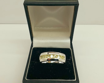 Vintage Rhodium Plated 925 Sterling Silver and Yellow Cubic Zirconia Gemstone Wide Band Ring with Box