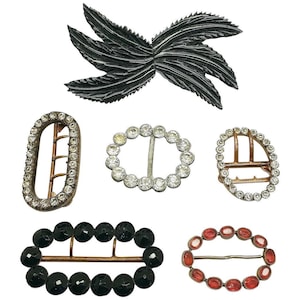 Collection of Six Antique Georgian, Victorian/Edwardian and 1920s Belt Buckles Including Paste Glass Gemstone, French Jet and Bakelite