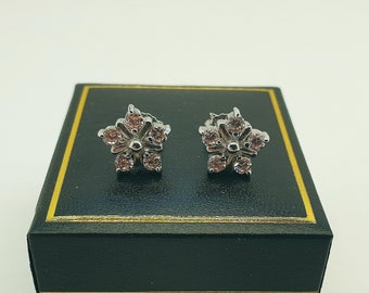 Vintage 925 Sterling Silver and Pink Coloured Cubic Zirconia Flower Stud Earrings With Box