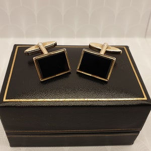 Mens Vintage Gold on Sterling Silver and Black Onyx Panel Cufflinks with Box