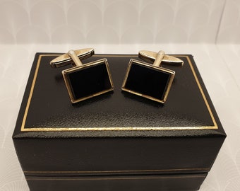 Mens Vintage Gold on Sterling Silver and Black Onyx Panel Cufflinks with Box