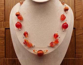 Collar de plata de ley 925 con cuentas flotantes de cristal de Murano rojo y ágata roja, con bolsita de regalo bordada.