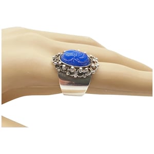 Vintage Chunky 925 Sterling Silver Art Deco Style Egyptian Revival Blue Glass Scarab Beetle Ring