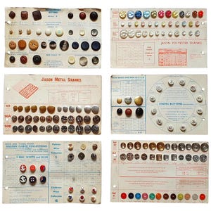 Große Menge an Vintage 'Jason' Merchandiser Muster Buttons aus den 1970er Jahren auf Original Kartenrückseiten