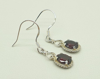Vintage 925 Sterling Silver and Genuine Red Faceted Garnet Drop Earrings