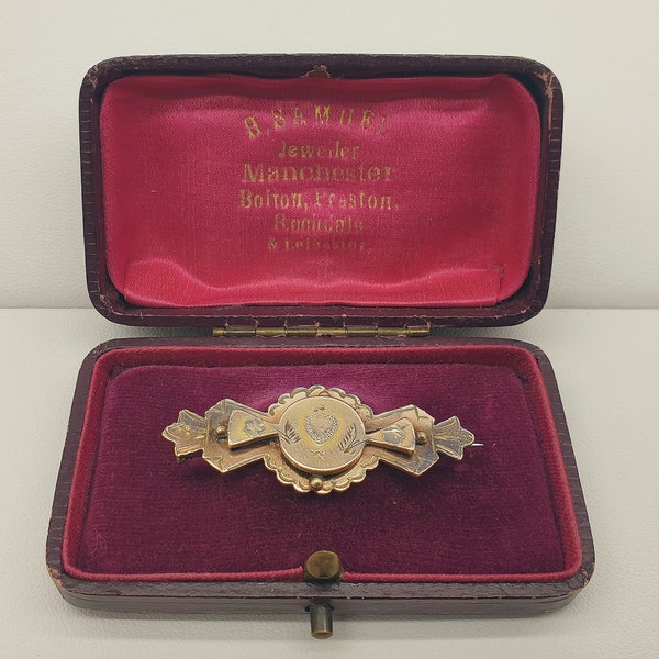 Antique Victorian Gold Plated Front Heart and Flowers Sweetheart Brooch by Alfred James Cheshire