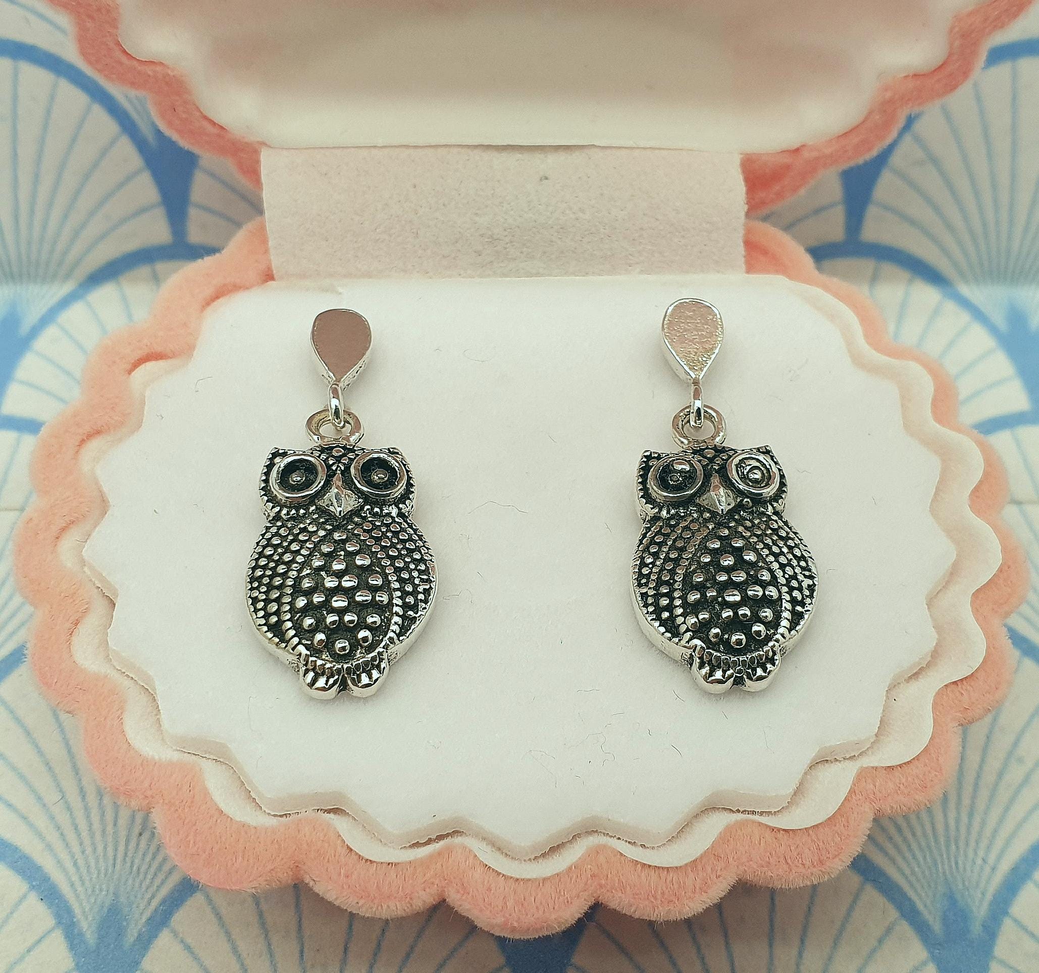 Vintage 925 Sterling Silver Owl Bird Drop Earrings With Box
