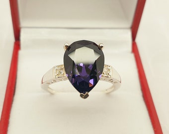 Vintage 925 Sterling Silver & Large Purple Cubic Zirconia Cocktail Ring with Box