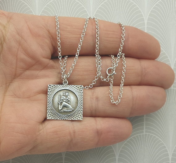 Vintage 925 Sterling Silver Square St Christopher Medallion Pendant Necklace Etsy
