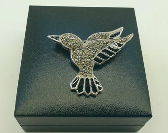 Vintage 925 Sterling Silver Marcasite and Enamel Humming Bird Brooch with Box