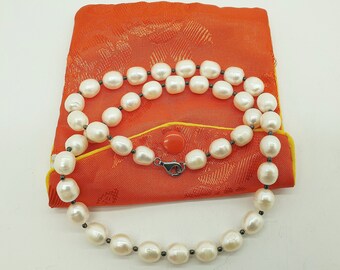 Vintage Large Oval Freshwater Pearl Bead and 925 Silver Clasp Necklace with Gift Pouch