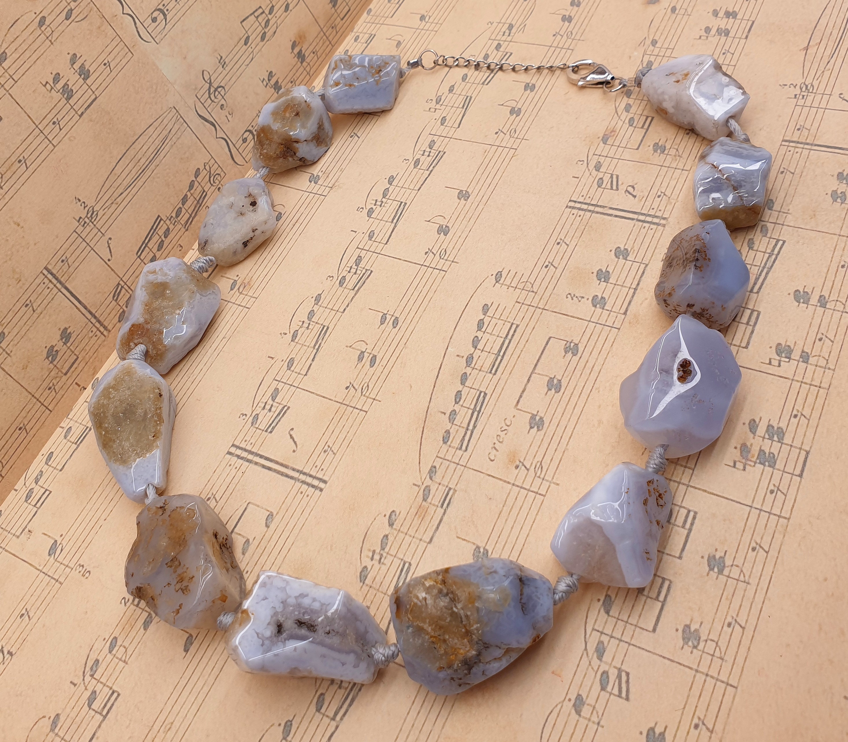 Collier Vintage En Agate Bleue Avec Fermoir Argent 925 - Bijou Ancien