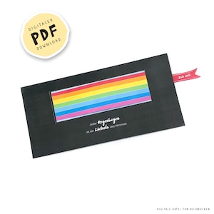 May include: A black card with a rainbow design and the text "Every rainbow is a smile from heaven." A red ribbon with the words "Pull me" is attached. A yellow sticker says "Digital PDF Download."