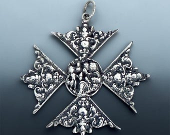 Antique big silver cross with Mary and Child in the middle