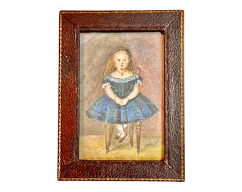 Vintage Harrods leather frame with old painting reproduction