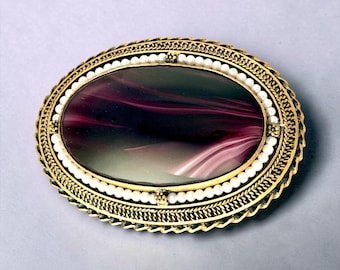 Vintage Israeli Gilt Silver Agate Brooch Pendant.