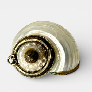 May include: A pearlescent, nautilus-shaped container with a hinged, ornate lid. The lid is framed in gold-toned metal and features a central, textured design. The shell's exterior has a lustrous, iridescent sheen, suggesting a natural origin.
