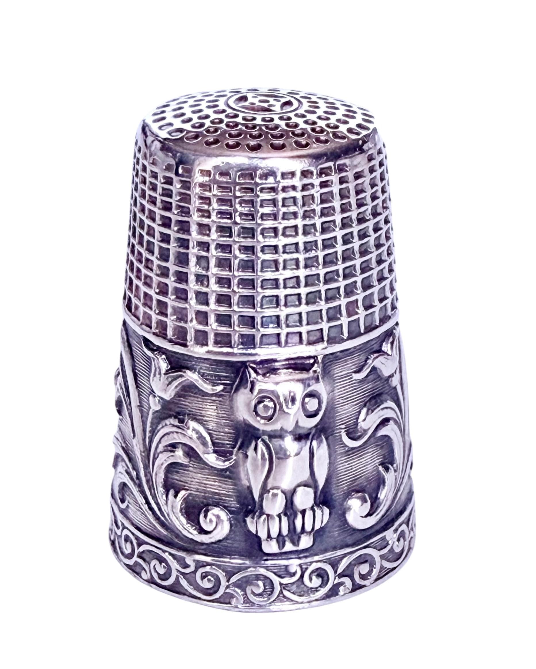 Sterling Silver Thimble, embossed decoration with Owl