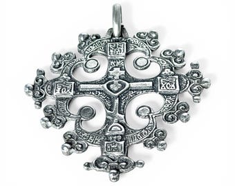 Antique Silver Ornate Cross Pendant, Ethnic Religious Cross